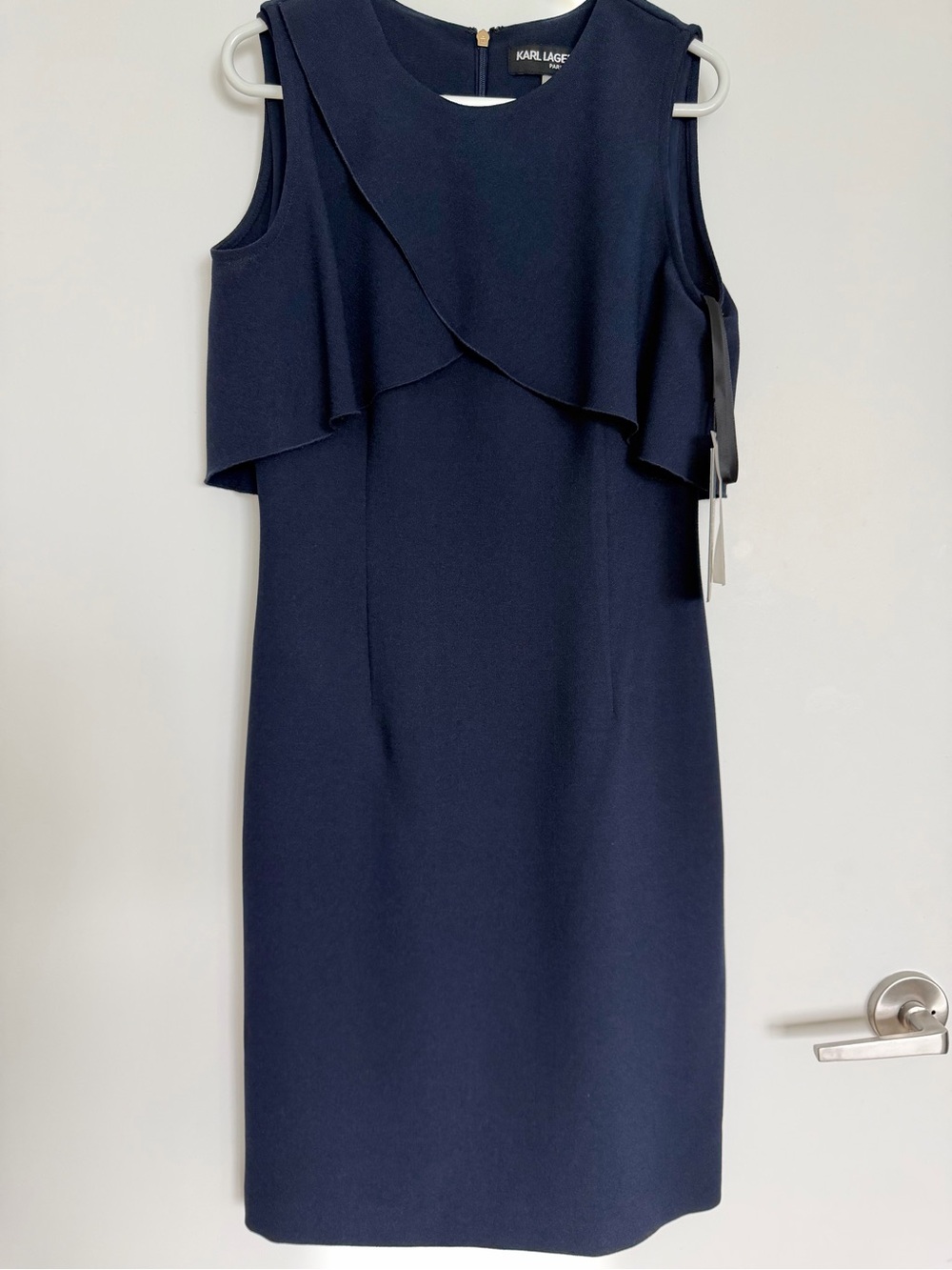 Karl Lagerfeld Navy Drape-Front Midi Sheath Dress